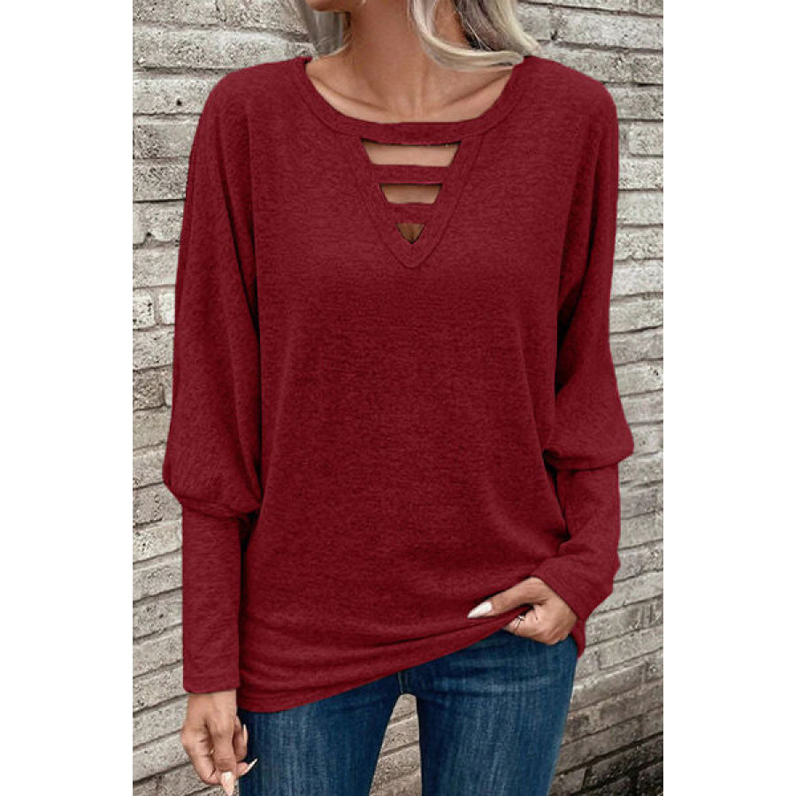 Cutout Round Neck Long Sleeve T - Shirt Wine / S Apparel and Accessories