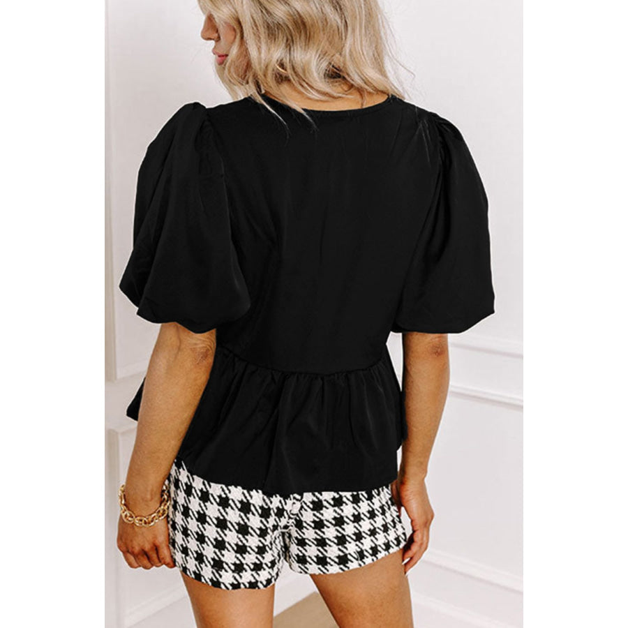 Cutout Round Neck Puff Sleeve Blouse Apparel and Accessories