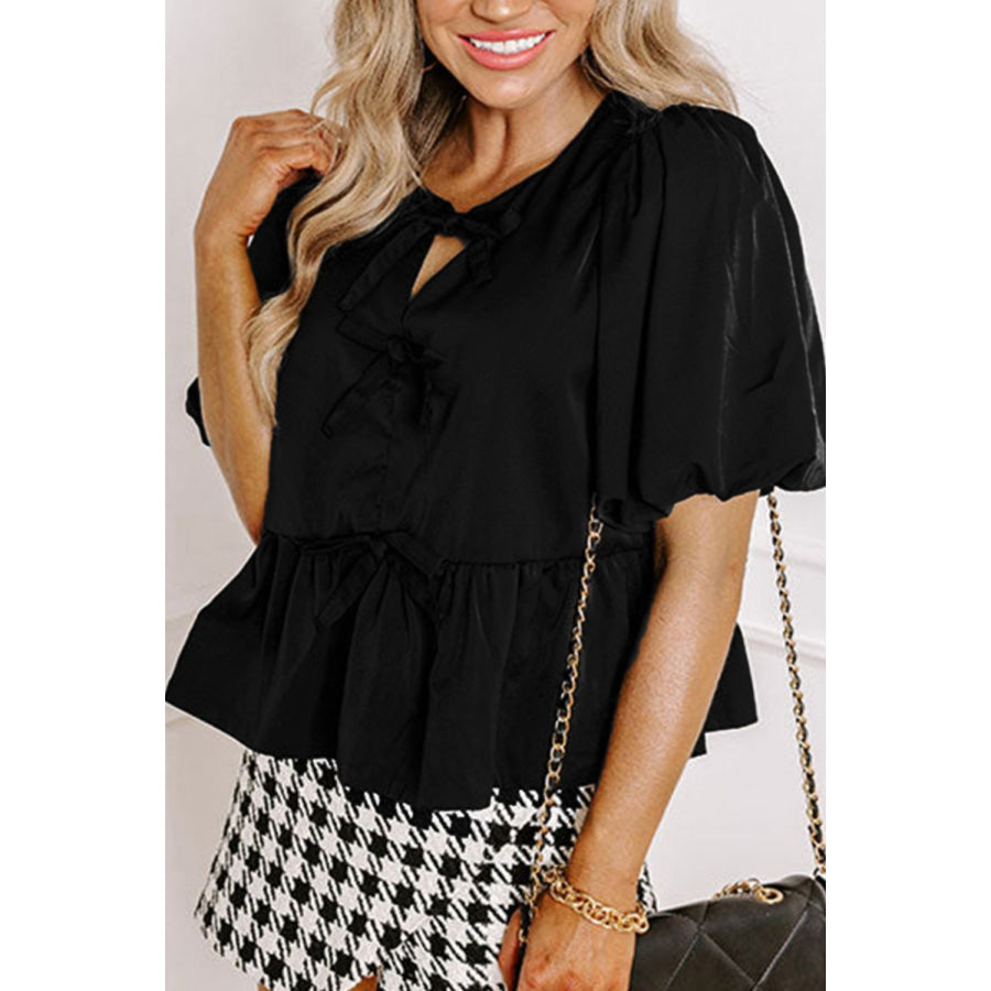 Cutout Round Neck Puff Sleeve Blouse Apparel and Accessories