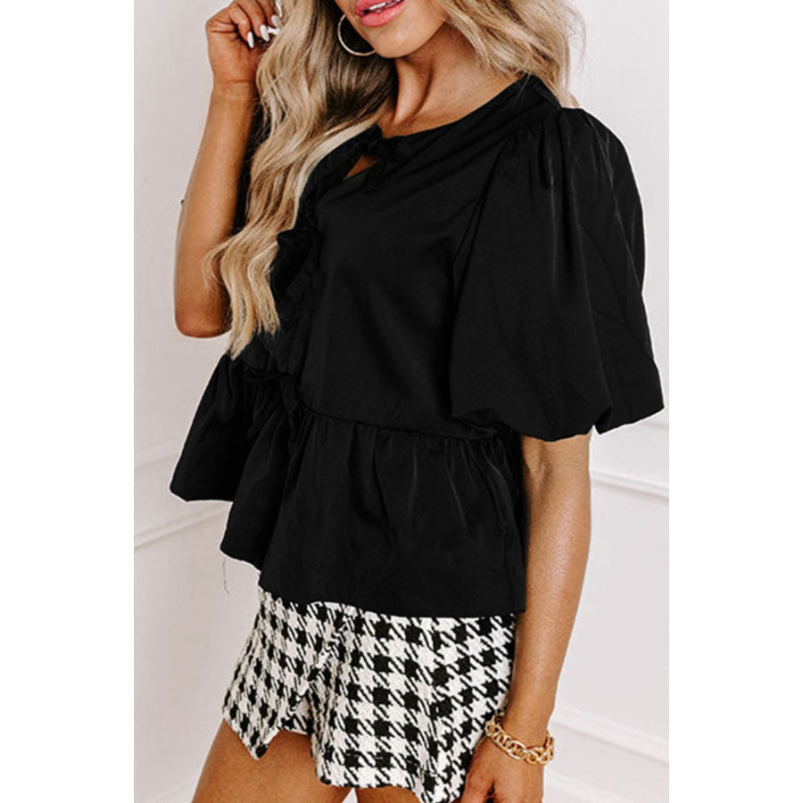 Cutout Round Neck Puff Sleeve Blouse Apparel and Accessories