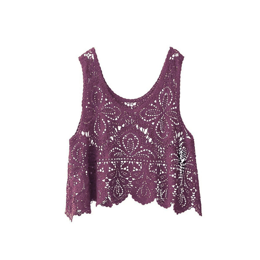 Cutout Scoop Neck Sleeveless Knit Cover Up Deep Purple / One Size Apparel and Accessories