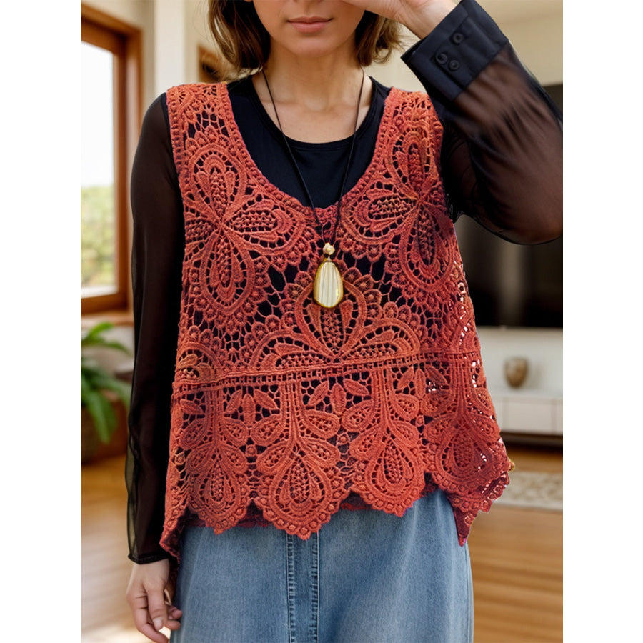 Cutout Scoop Neck Sleeveless Knit Cover Up Terracotta / One Size Apparel and Accessories