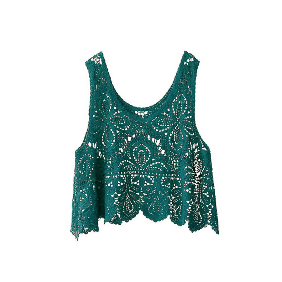 Cutout Scoop Neck Sleeveless Knit Cover Up Turquoise / One Size Apparel and Accessories