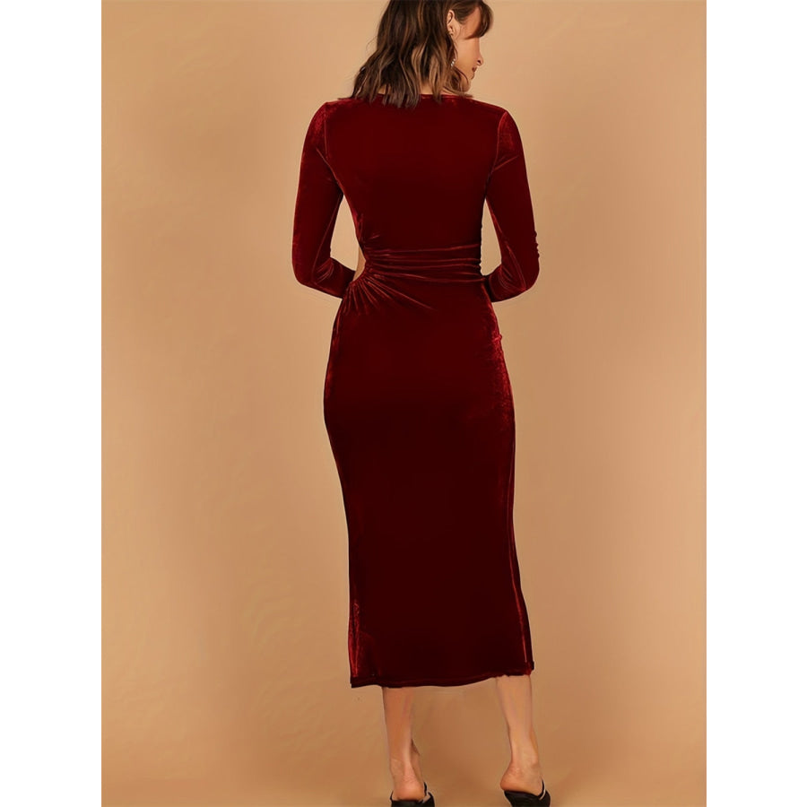 Cutout Side Slit Boat Neck Long Sleeve Dress Apparel and Accessories