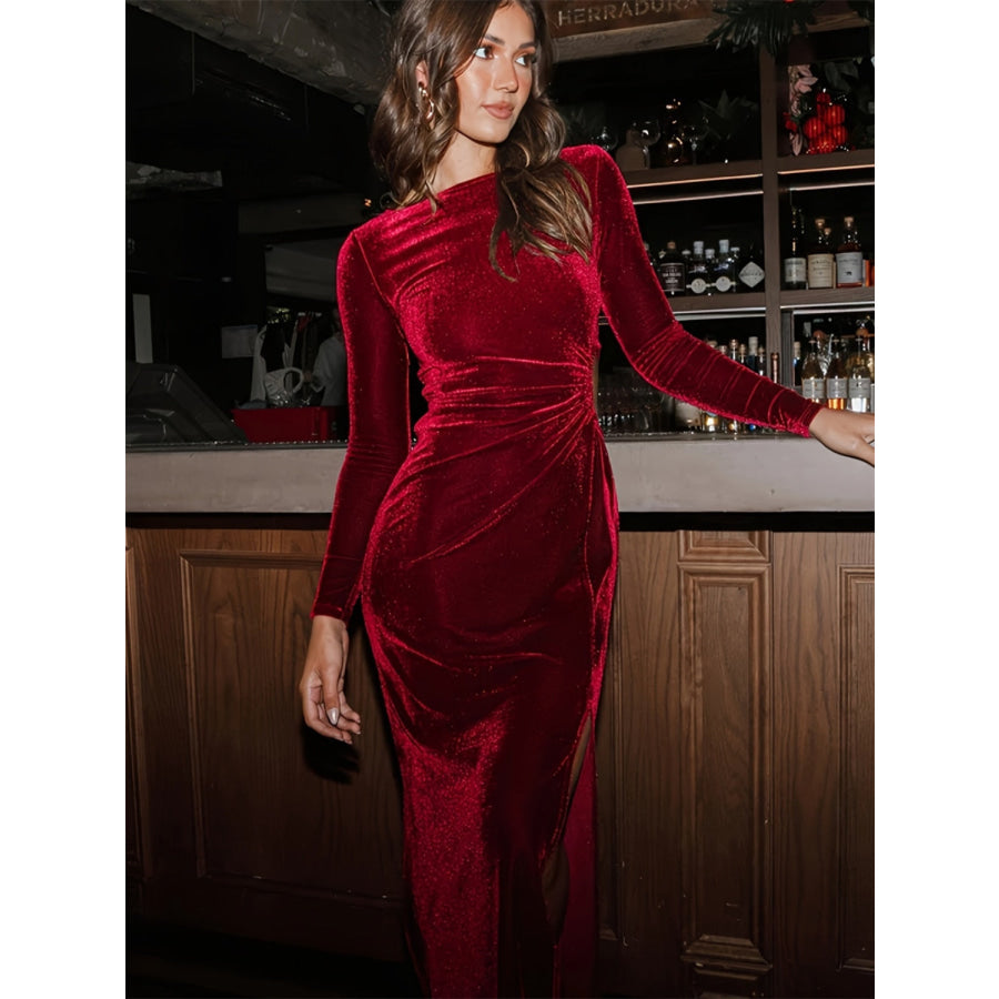 Cutout Side Slit Boat Neck Long Sleeve Dress Apparel and Accessories