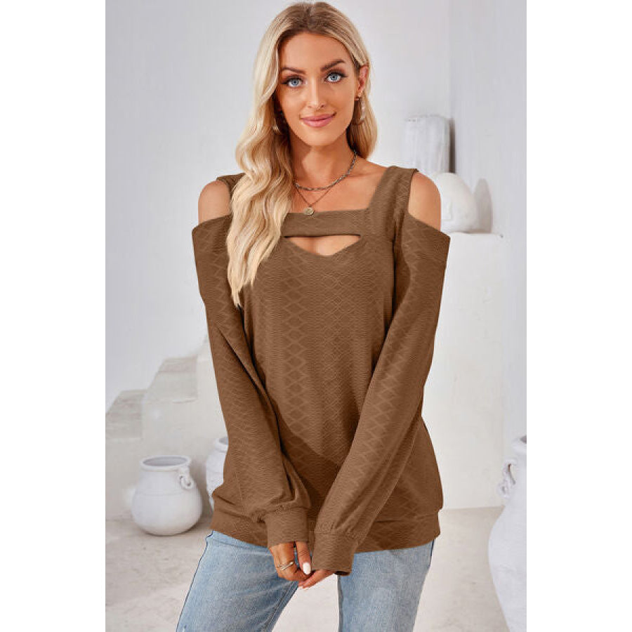 Cutout Square Neck Cold Shoulder T - Shirt Chestnut / S Apparel and Accessories