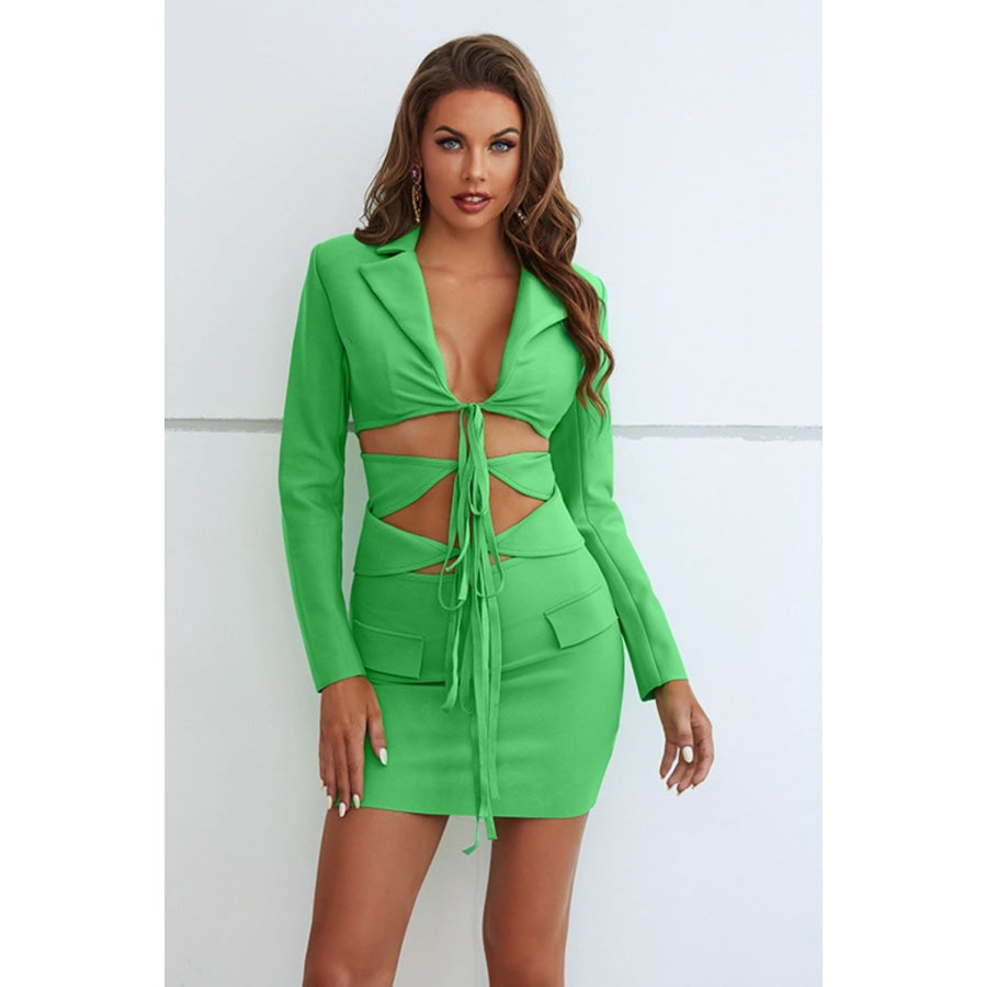 Cutout Tied Blazer and Skirt Set Mid Green / S