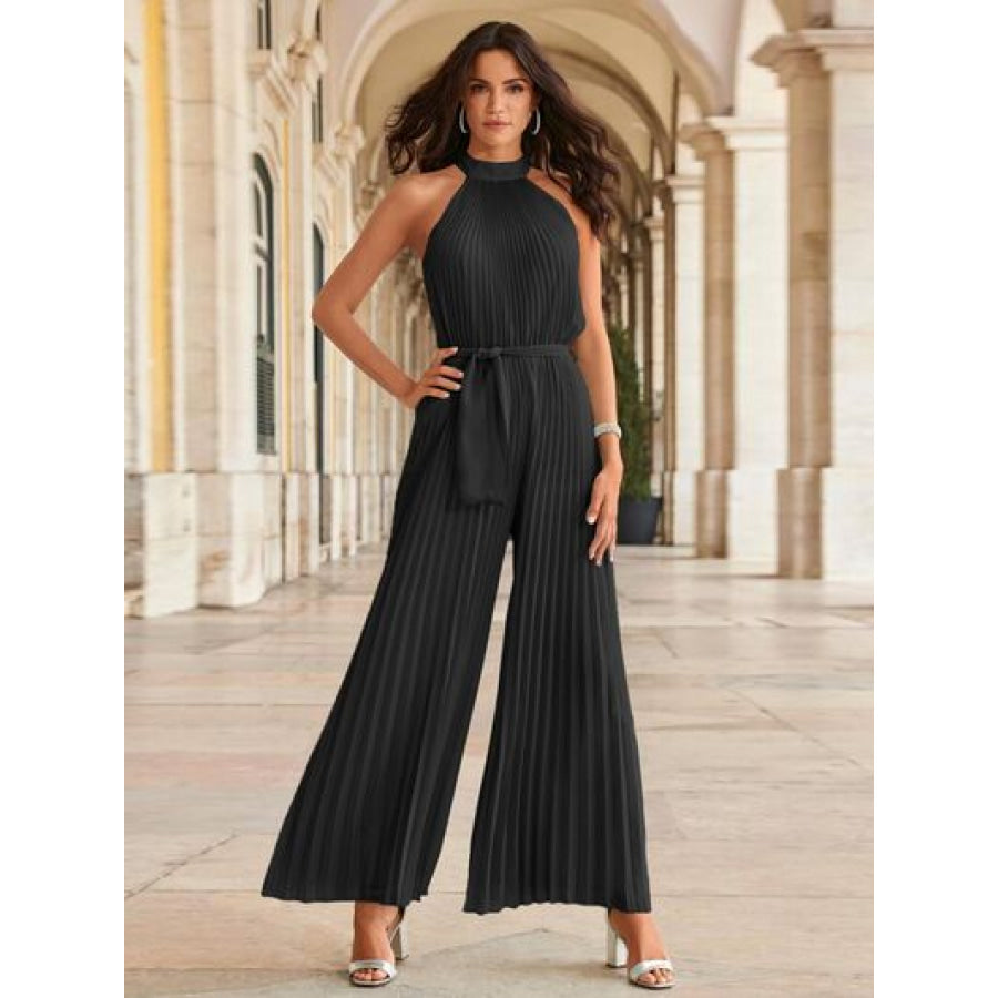 Cutout Tied Pleated Sleeveless Jumpsuit Black / S Apparel and Accessories