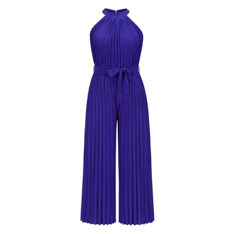 Cutout Tied Pleated Sleeveless Jumpsuit Navy / S Apparel and Accessories