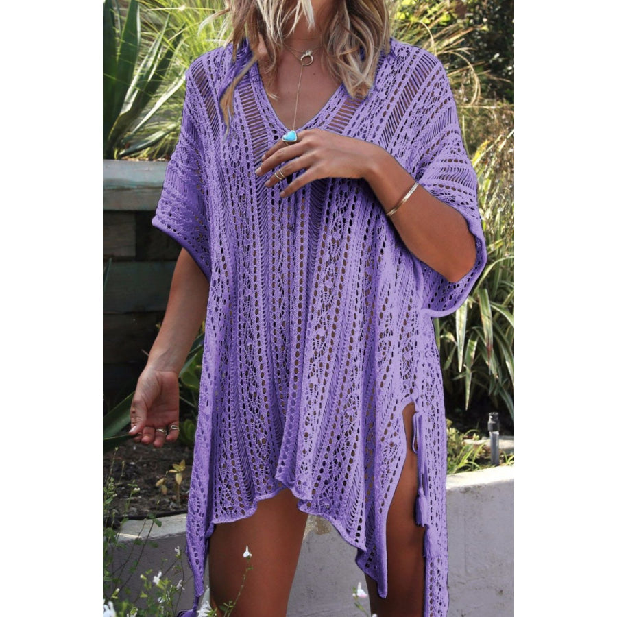 Cutout V - Neck Cover - Up with Tassel Lavender / One Size Apparel and Accessories