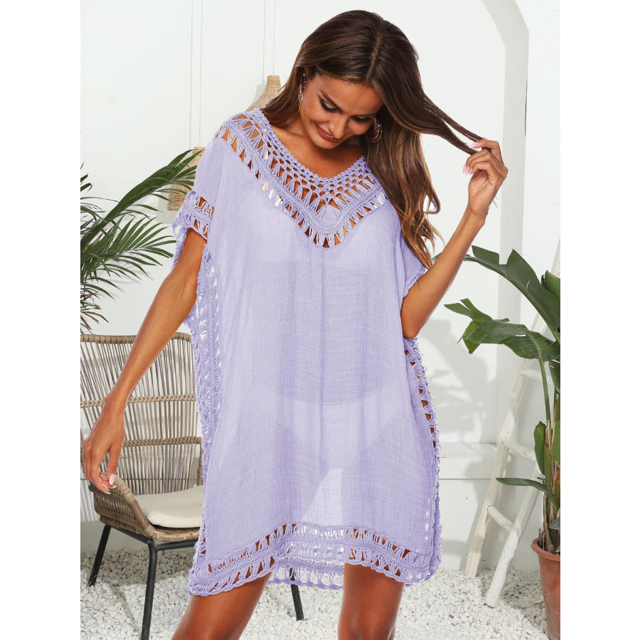 Cutout V - Neck Short Sleeve Cover - Up Apparel and Accessories