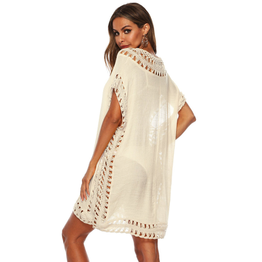 Cutout V - Neck Short Sleeve Cover - Up Apparel and Accessories