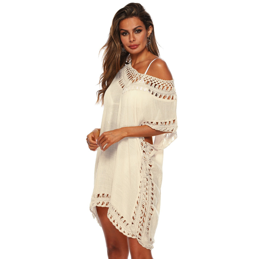 Cutout V - Neck Short Sleeve Cover - Up Apparel and Accessories