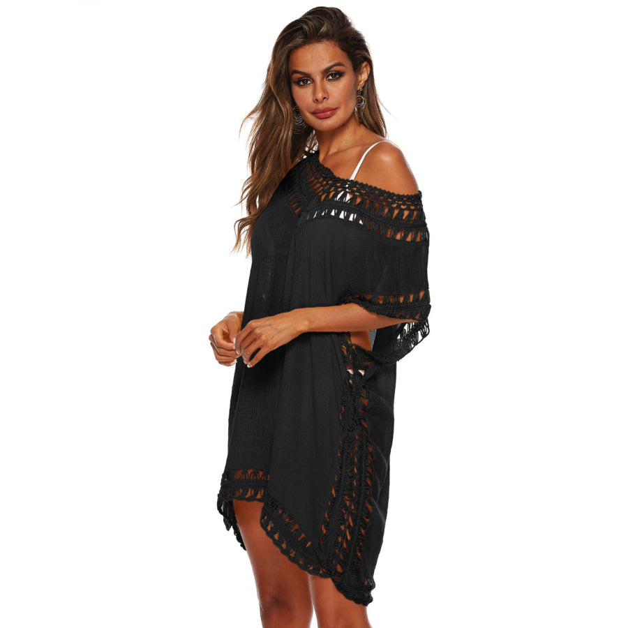 Cutout V - Neck Short Sleeve Cover - Up Apparel and Accessories