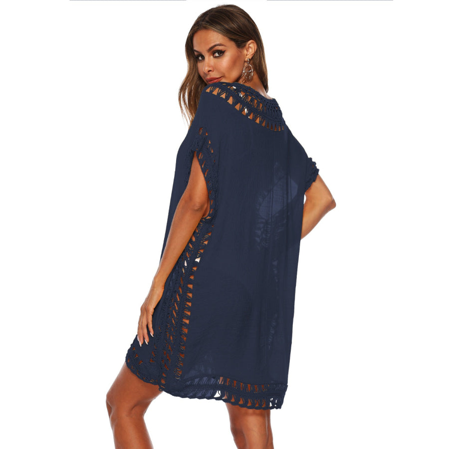 Cutout V - Neck Short Sleeve Cover - Up Apparel and Accessories