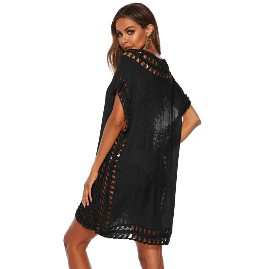 Cutout V - Neck Short Sleeve Cover - Up Apparel and Accessories