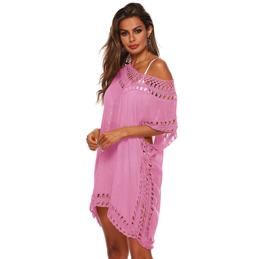 Cutout V - Neck Short Sleeve Cover - Up Carnation Pink / One Size Apparel and Accessories