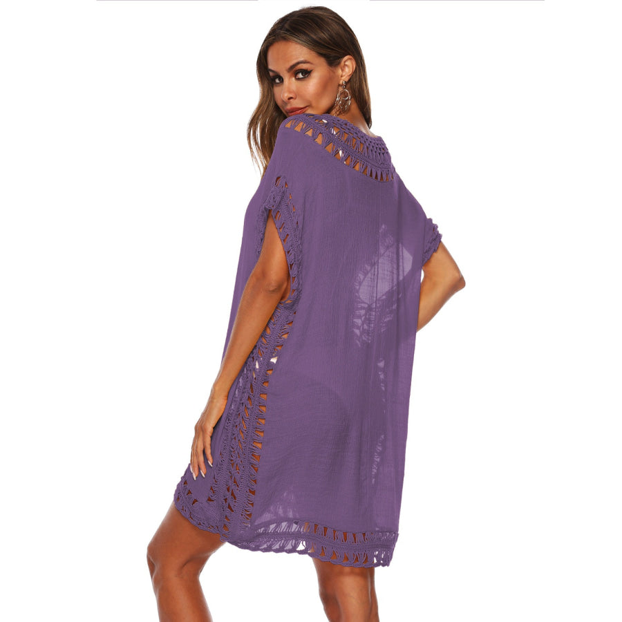 Cutout V - Neck Short Sleeve Cover - Up Apparel and Accessories