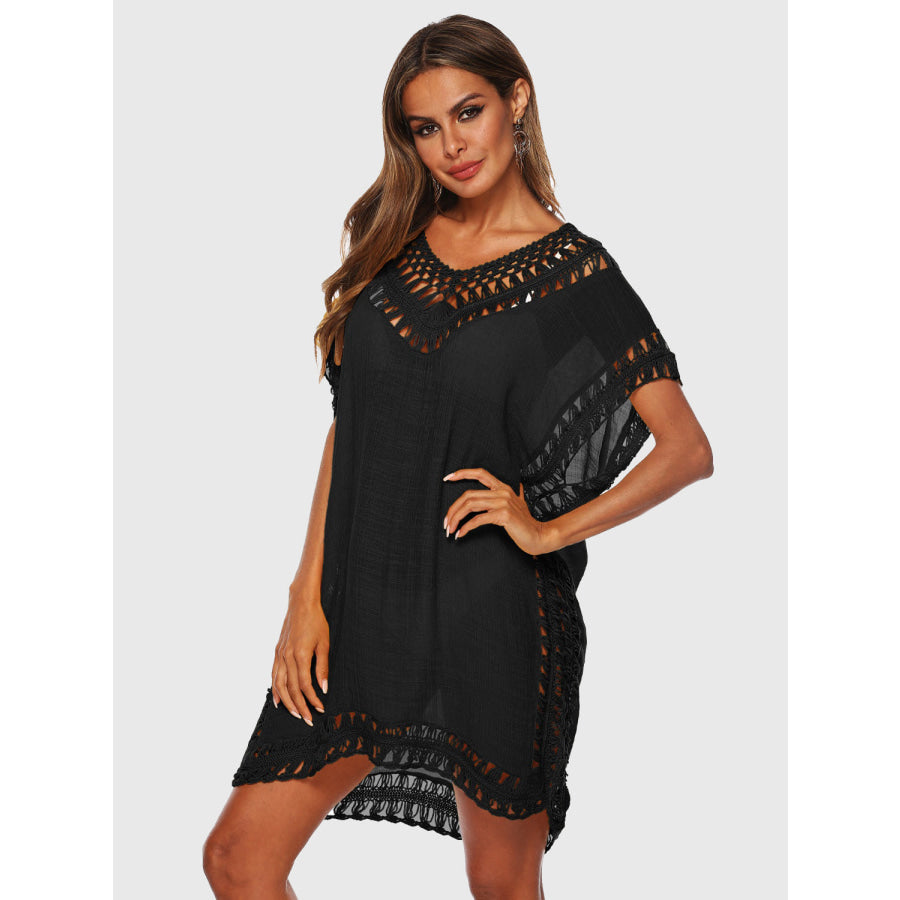 Cutout V - Neck Short Sleeve Cover - Up Black / One Size Apparel and Accessories