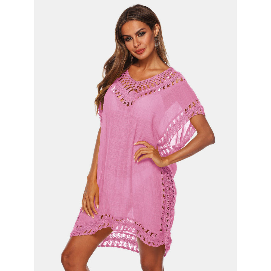 Cutout V - Neck Short Sleeve Cover - Up Carnation Pink / One Size Apparel and Accessories