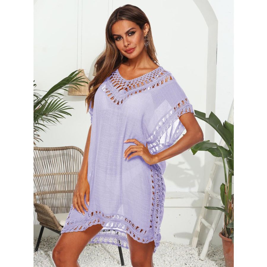 Cutout V - Neck Short Sleeve Cover - Up Lavender / One Size Apparel and Accessories