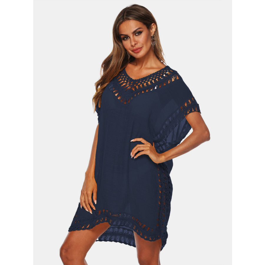 Cutout V - Neck Short Sleeve Cover - Up Navy / One Size Apparel and Accessories