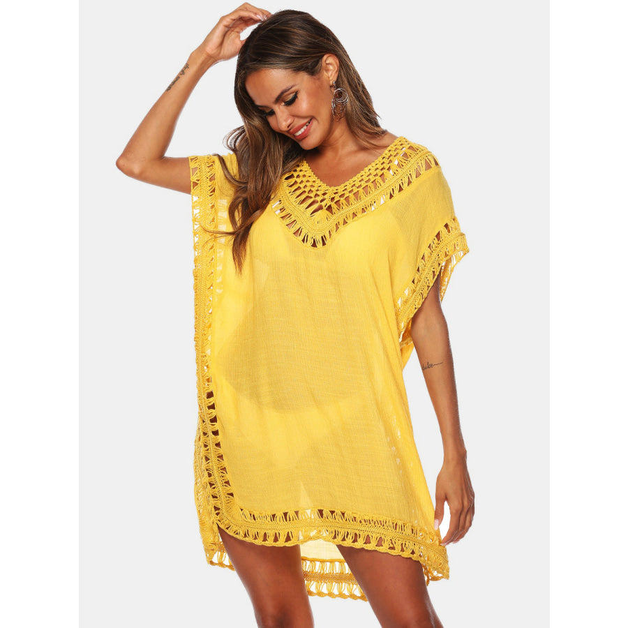 Cutout V - Neck Short Sleeve Cover - Up True Yellow / One Size Apparel and Accessories