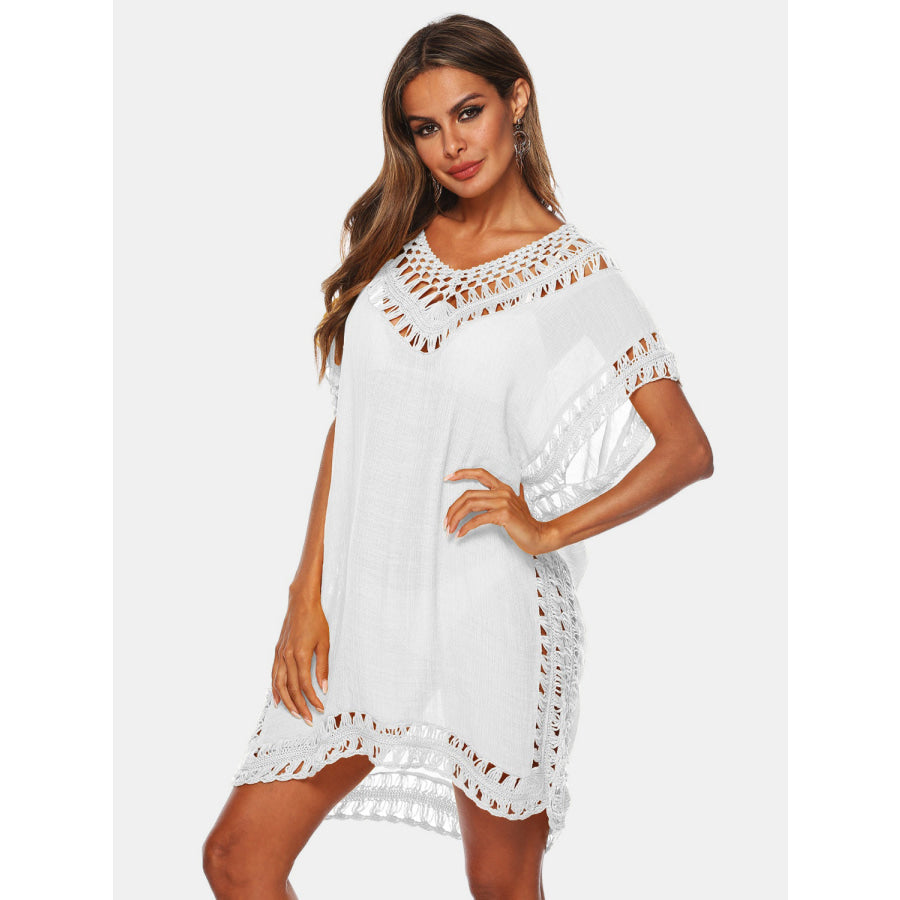 Cutout V - Neck Short Sleeve Cover - Up White / One Size Apparel and Accessories