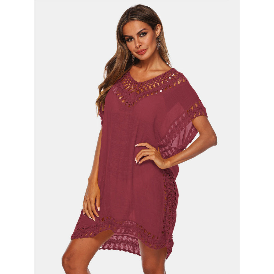 Cutout V - Neck Short Sleeve Cover - Up Wine / One Size Apparel and Accessories