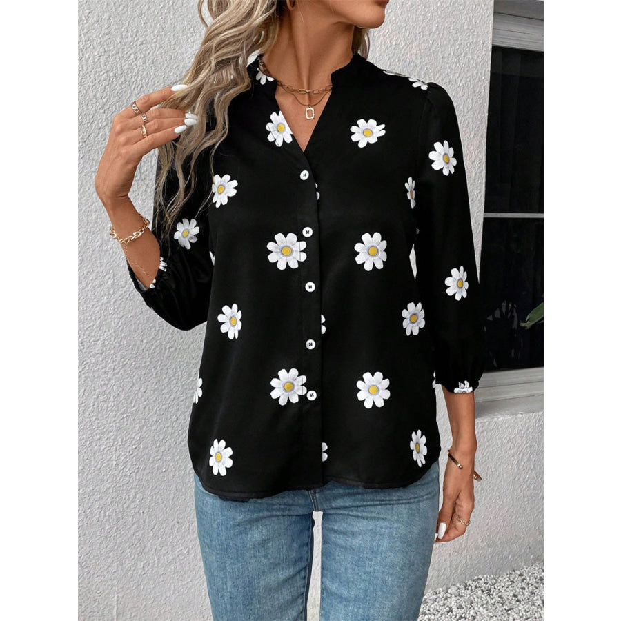 Daisy Notched Three-Quarter Sleeve Shirt Apparel and Accessories