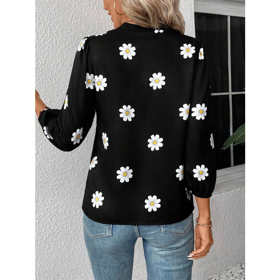 Daisy Notched Three-Quarter Sleeve Shirt Black / S Apparel and Accessories