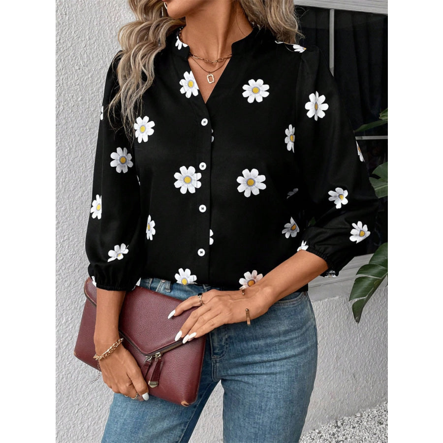 Daisy Notched Three-Quarter Sleeve Shirt Apparel and Accessories