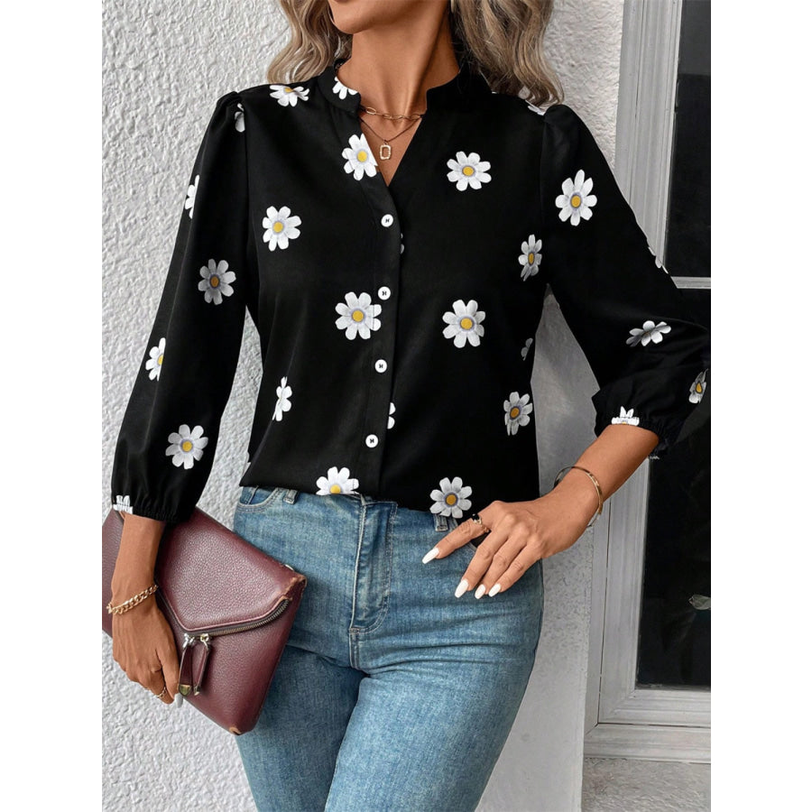 Daisy Notched Three-Quarter Sleeve Shirt Black / S Apparel and Accessories