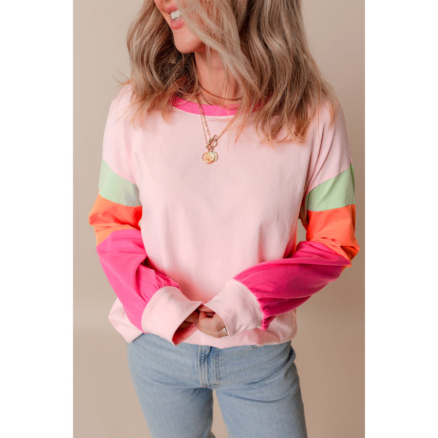 Dark Blue Colorblock Patchwork Long Sleeve Loose Top Pink / S / 95% Cotton + 5% Elastane Tops/Long Sleeve Tops