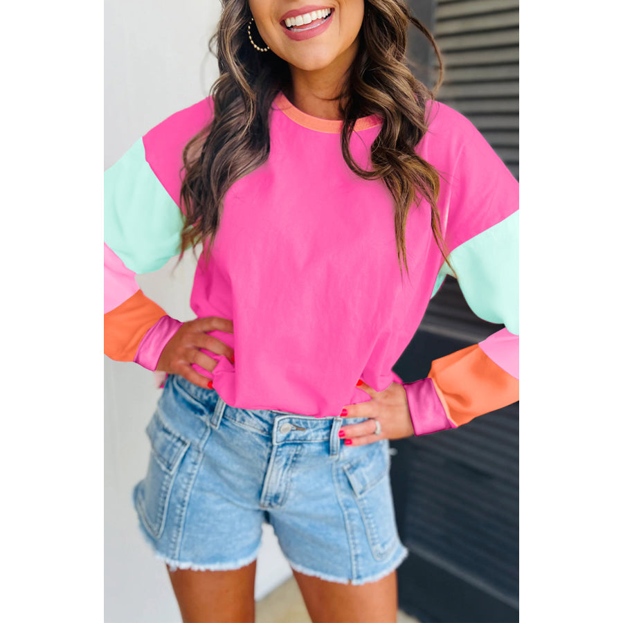 Dark Blue Colorblock Patchwork Long Sleeve Loose Top Rose Red / S / 95% Cotton + 5% Elastane Tops/Long Sleeve Tops