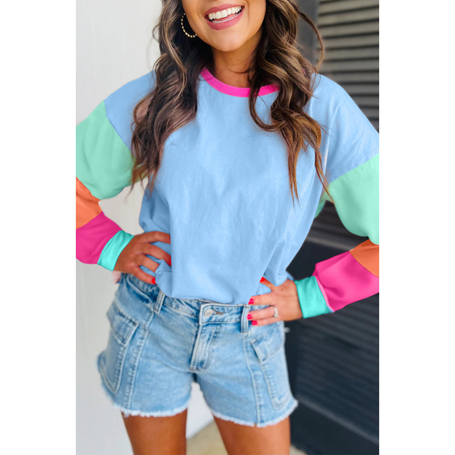 Dark Blue Colorblock Patchwork Long Sleeve Loose Top Dark Blue / S / 95% Cotton + 5% Elastane Tops/Long Sleeve Tops