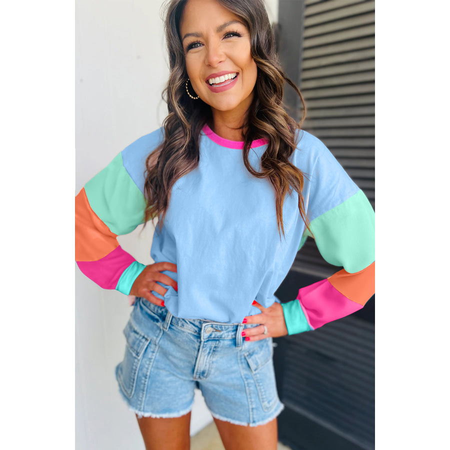 Dark Blue Colorblock Patchwork Long Sleeve Loose Top Tops/Long Sleeve Tops