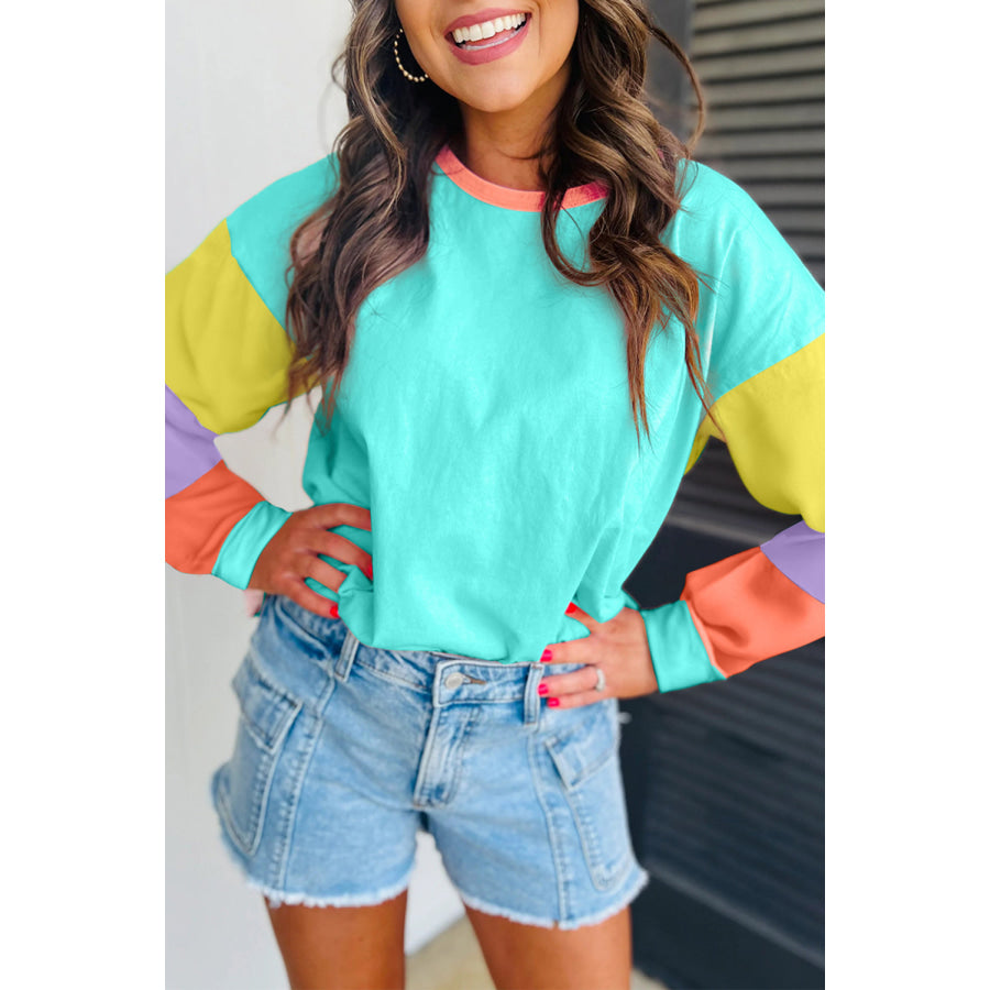 Dark Blue Colorblock Patchwork Long Sleeve Loose Top Tops/Long Sleeve Tops