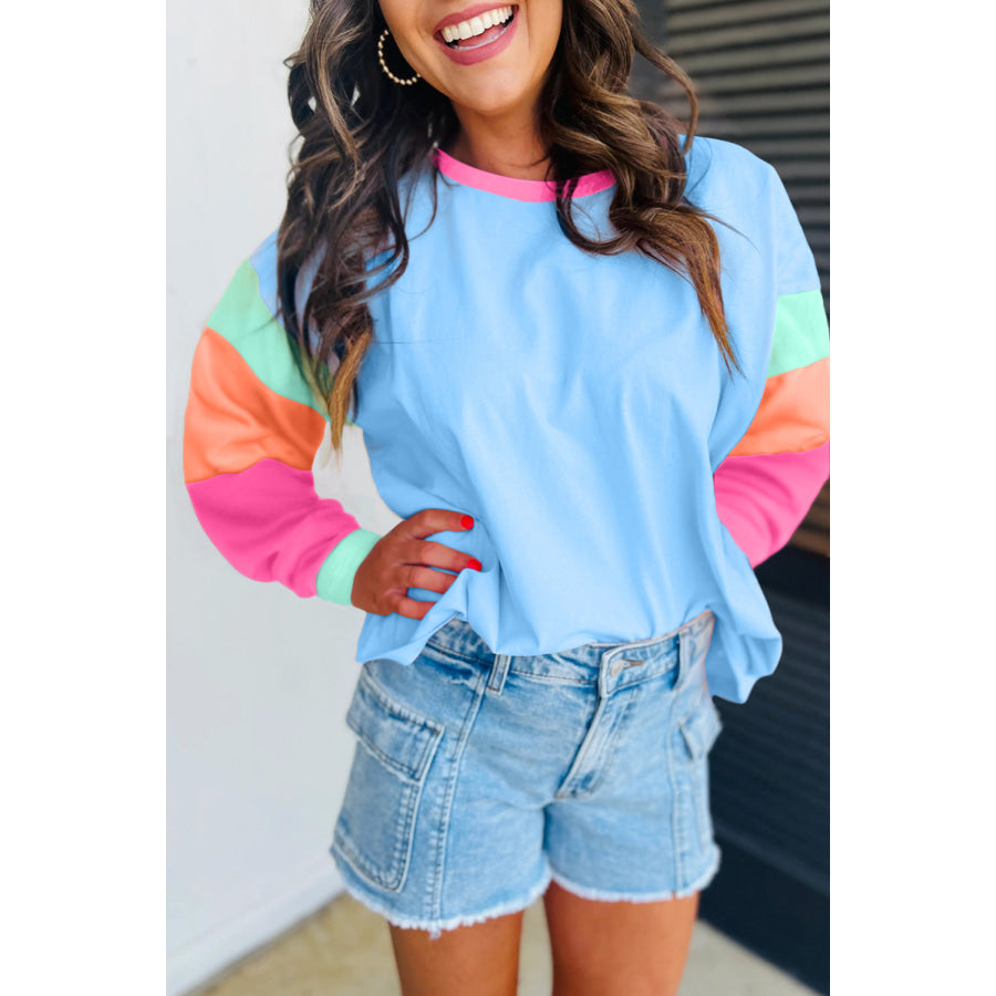 Dark Blue Colorblock Patchwork Long Sleeve Loose Top Tops/Long Sleeve Tops