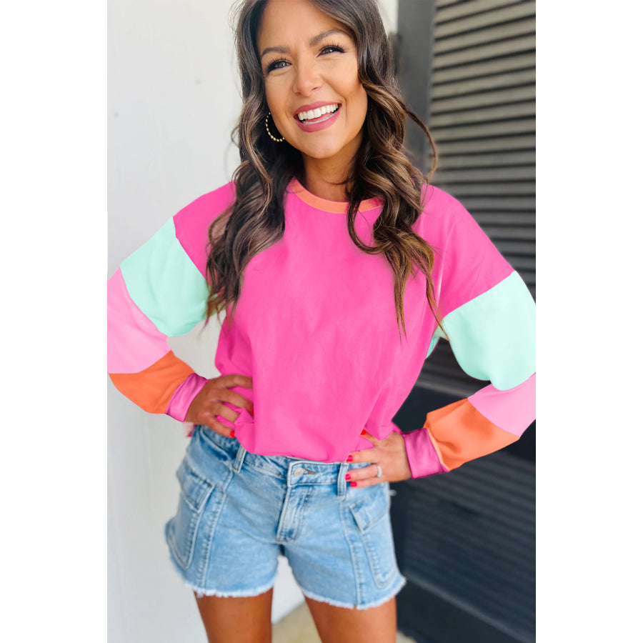 Dark Blue Colorblock Patchwork Long Sleeve Loose Top Tops/Long Sleeve Tops