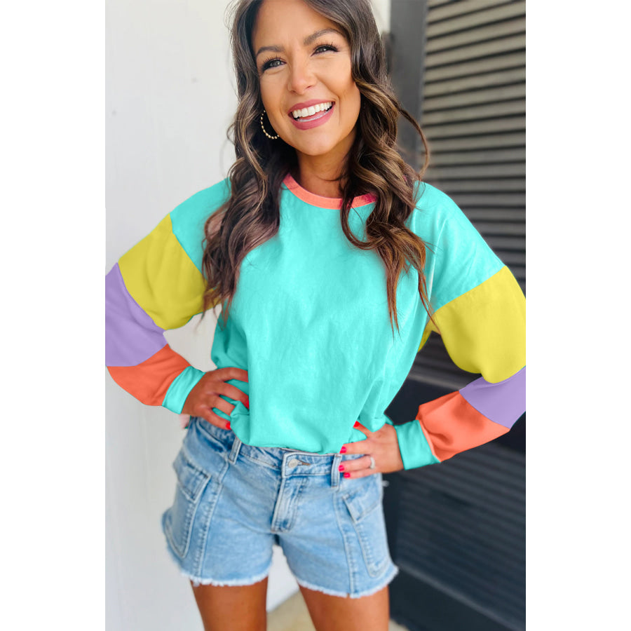 Dark Blue Colorblock Patchwork Long Sleeve Loose Top Tops/Long Sleeve Tops