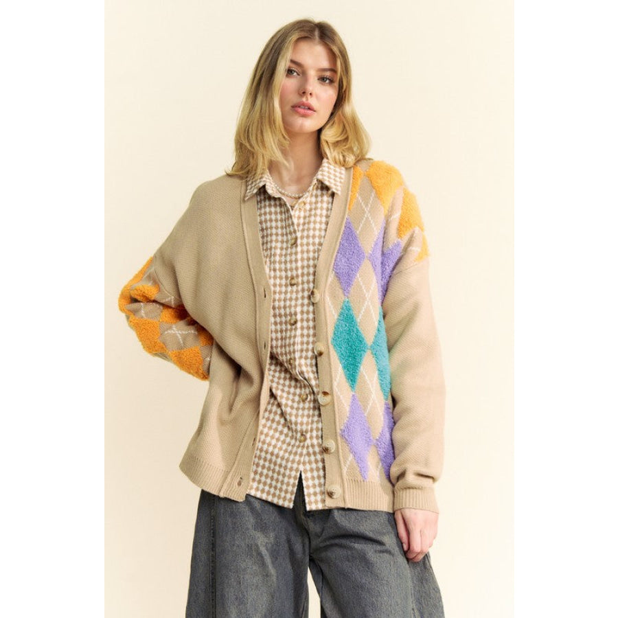 Davi & Dani Argyle V-Neck Dropped Shoulder Cardigan Apparel and Accessories