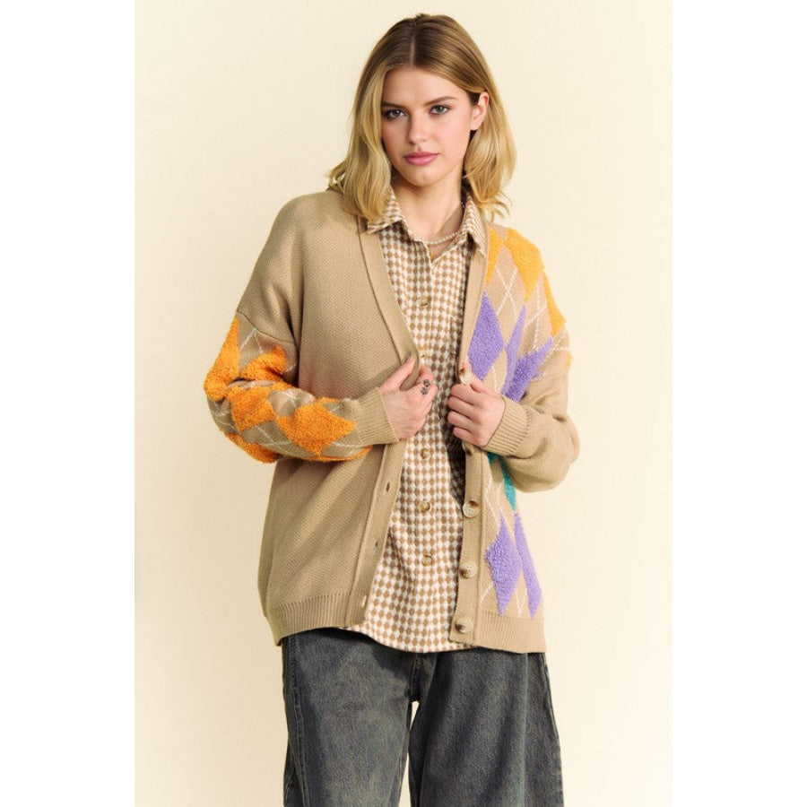 Davi & Dani Argyle V-Neck Dropped Shoulder Cardigan Apparel and Accessories