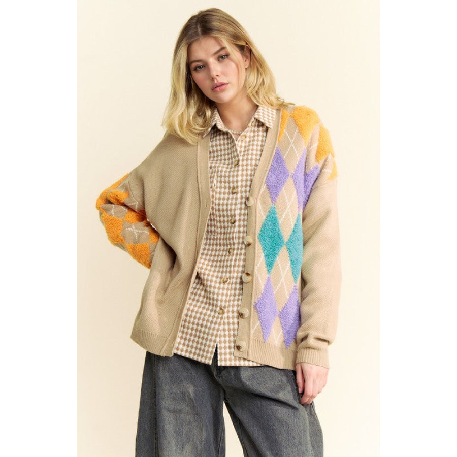 Davi & Dani Argyle V-Neck Dropped Shoulder Cardigan Apparel and Accessories