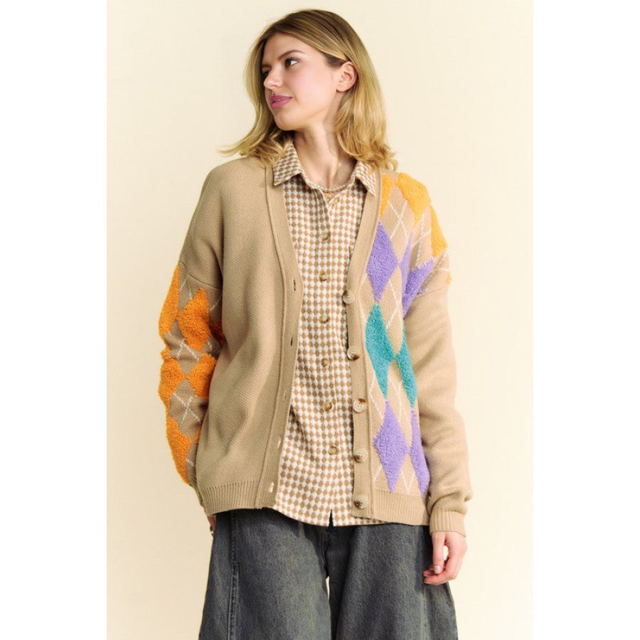 Davi & Dani Argyle V-Neck Dropped Shoulder Cardigan Apparel and Accessories