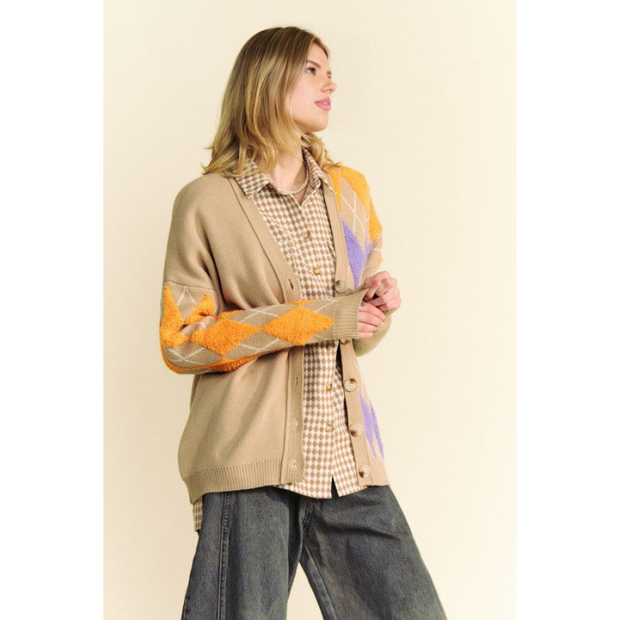 Davi & Dani Argyle V-Neck Dropped Shoulder Cardigan Apparel and Accessories