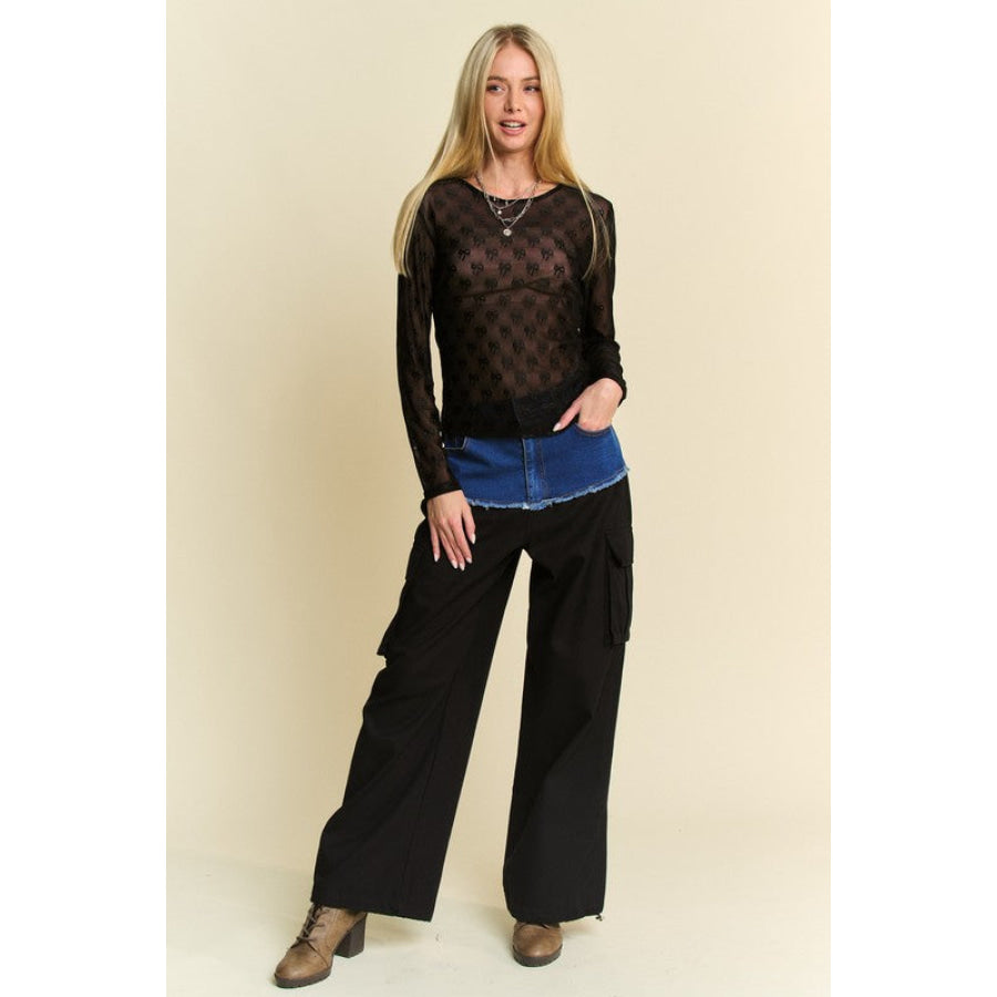 Davi & Dani Bow Mesh Round Neck Long Sleeve Top Apparel and Accessories