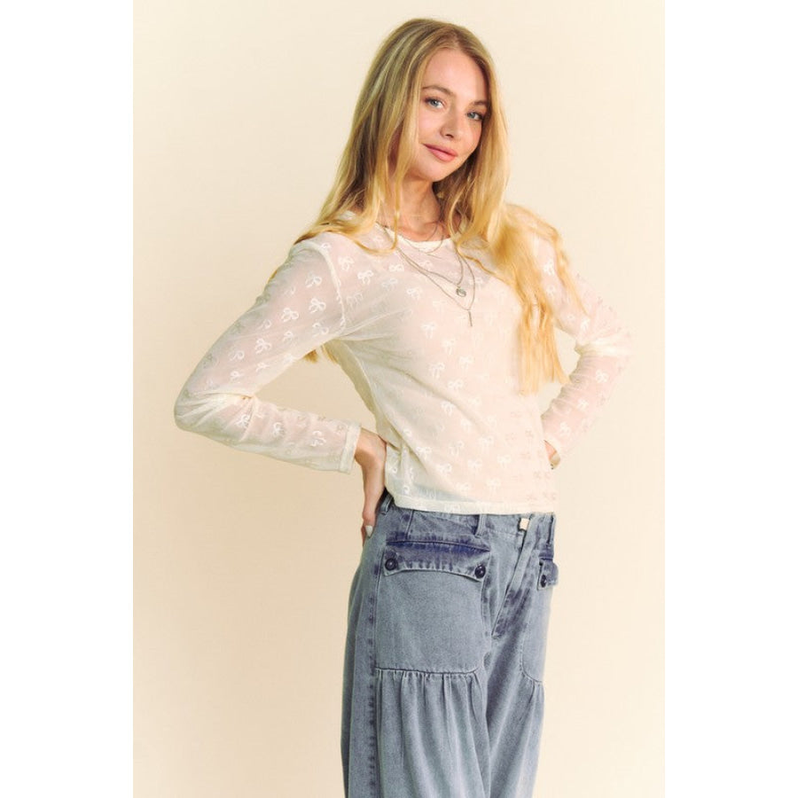 Davi & Dani Bow Mesh Round Neck Long Sleeve Top Apparel and Accessories