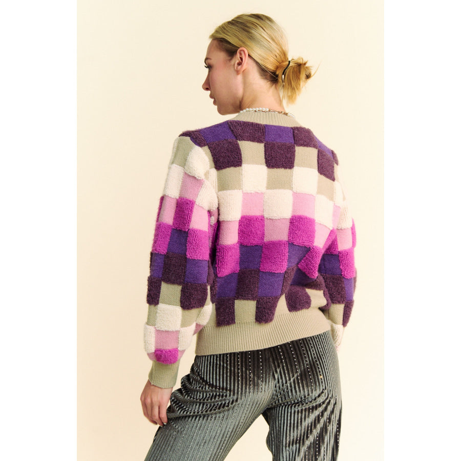 Davi & Dani Checkered Round Neck Long Sleeve Sweater Apparel and Accessories