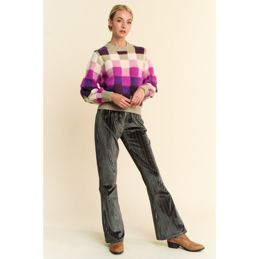 Davi & Dani Checkered Round Neck Long Sleeve Sweater Apparel and Accessories